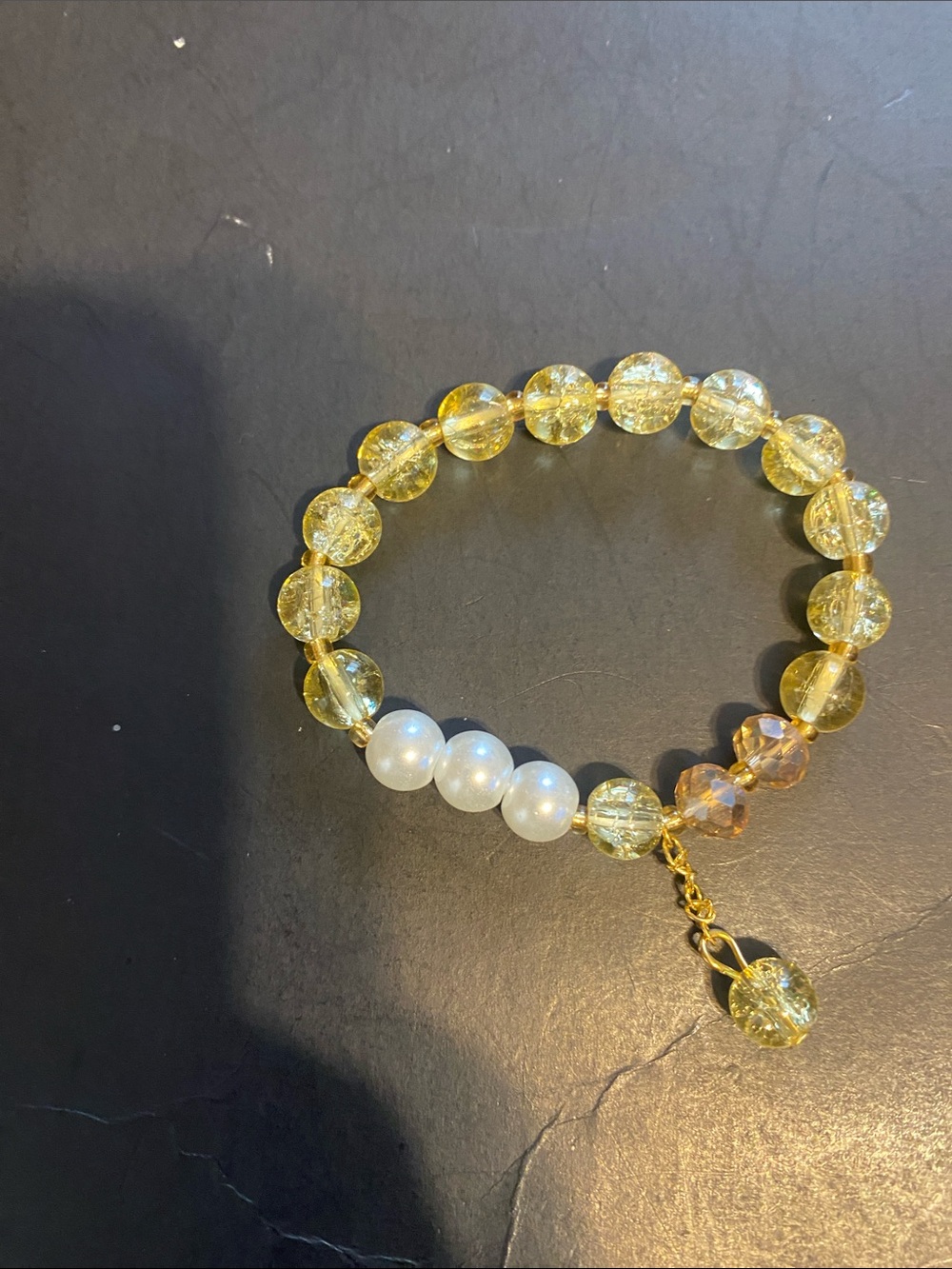 Yellow Glass Bead Stretch Bracelet with Pearl Accent